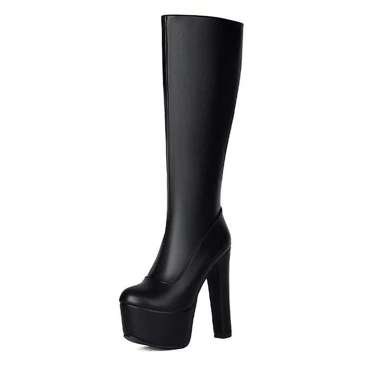 Zipper Solid Color Round Toe Chunky Heel Platform Knee High Boots