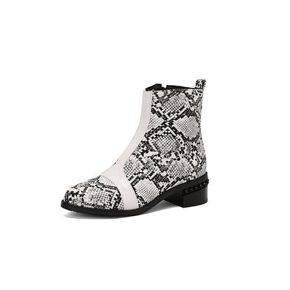 Colorblock Abstract Pattern Patchwork Round Toe Ankle Boots