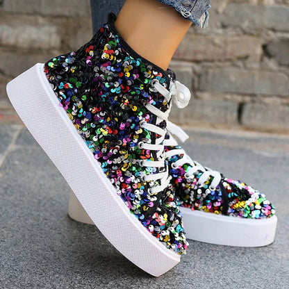 Glitter Sequins Lace Up Round Toe Fashion Casual Shoes