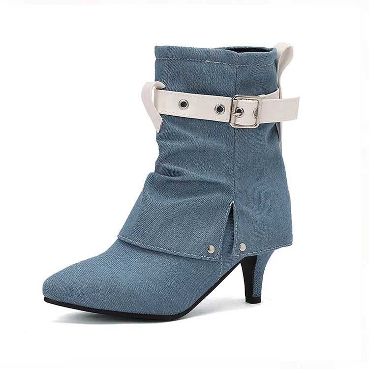 Colorblock Strap Buckle Fold Over Pointed Toe Kitten Heel Ankle Boots