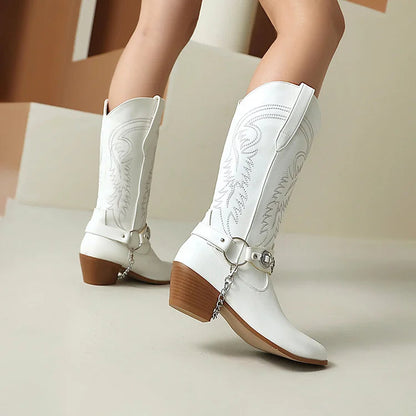 Embroidery O-Ring Chain Decor Pointed Toe Chunky Heel Mid Calf Boots