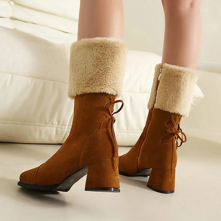 Christmas Colorblock Fluffy Trim Lace Up Square Toe Chunky Heel Mid Boots