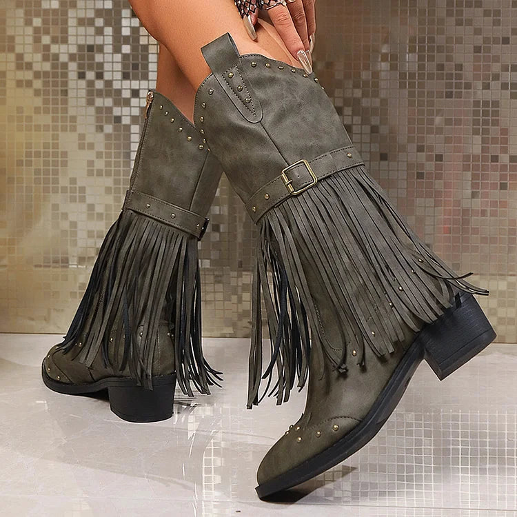 Metal Rivets Fringed Trim Pointed Toe Chunky Heel Mid Calf Boots