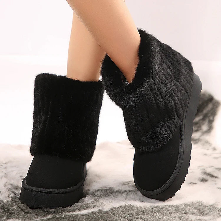 Fluffy Faux Fur Fold Round Toe Pull On Snow Boots