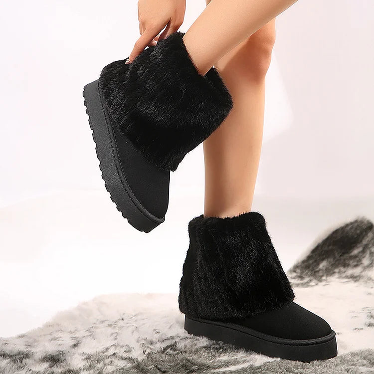 Fluffy Faux Fur Fold Round Toe Pull On Snow Boots