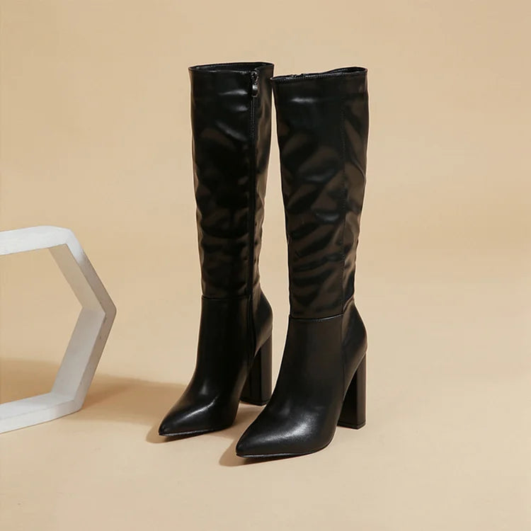 Patchwork Chunky Heel Solid Color Zipper Pointed Toe Knee High Boots