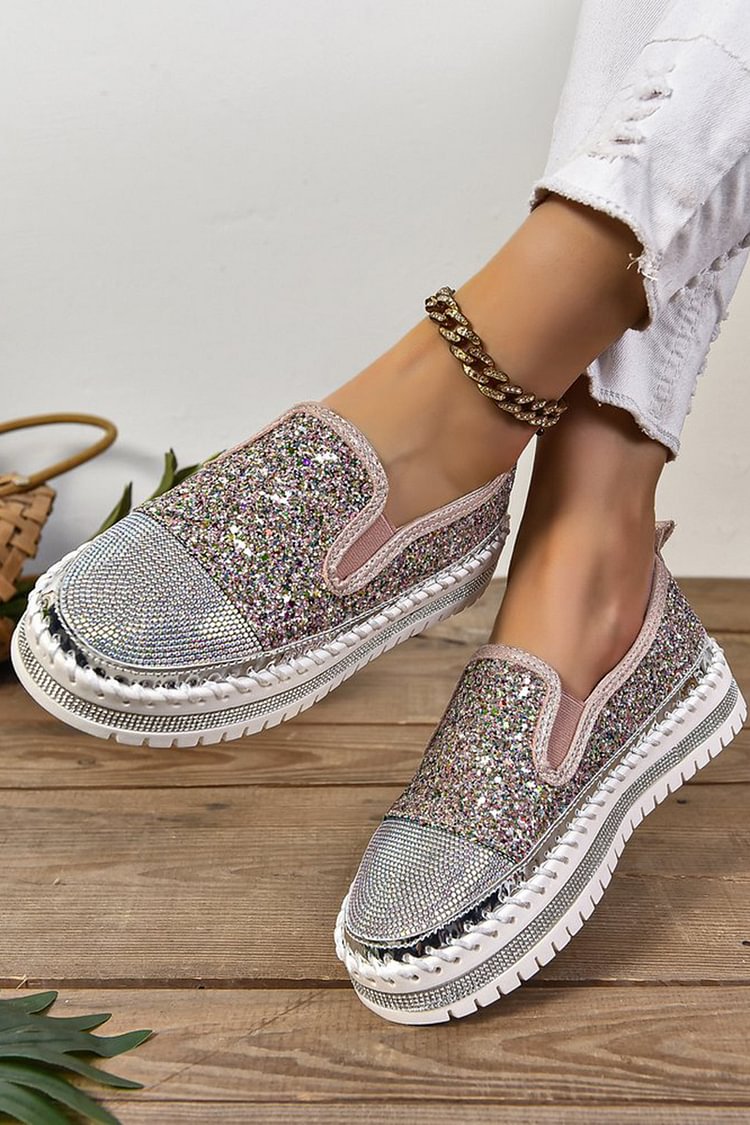 Rhinestone Decor Glittering Stitch Detail Round Toe Loafers