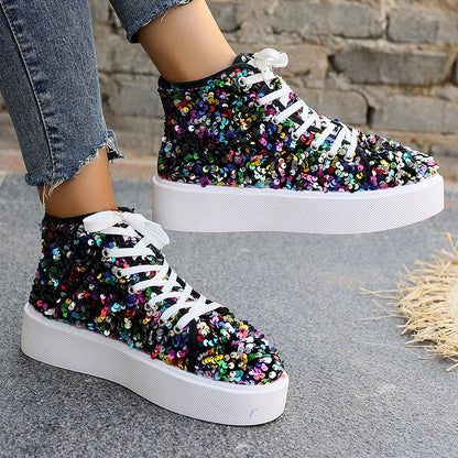 Glitter Sequins Lace Up Round Toe Fashion Casual Shoes