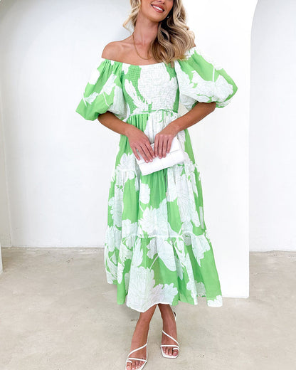Elegant printed one-shoulder puff-sleeve dress