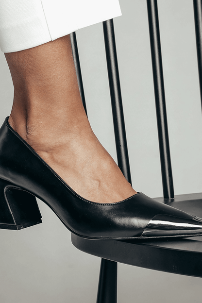 Glossy Black Pointed Toe Block Heel Shoes [Pre Order]