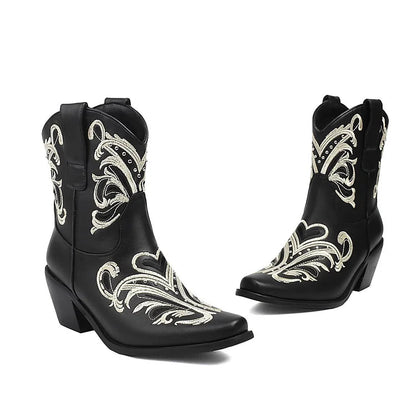 Embroidery Metallic Studded Square Toe Chunky Heel Western Boots