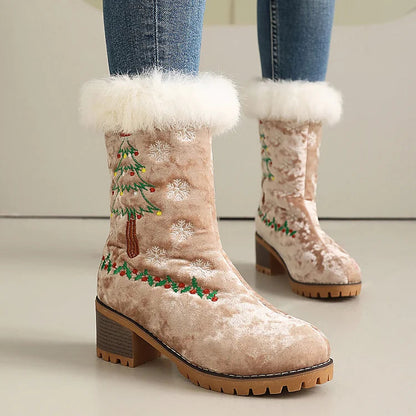 Christmas Tree Embroidery Fluffy Round Toe Chunky Heel Velvet Mid Boots