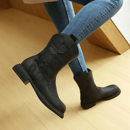 Patchwork Floral Textured Round Toe Low Block Heel Ankle Boots