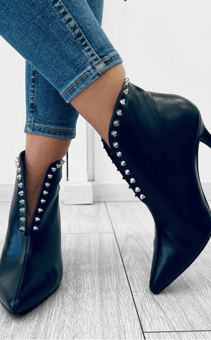 Studded Leather V-Cut Heeled Boots [Pre Order]