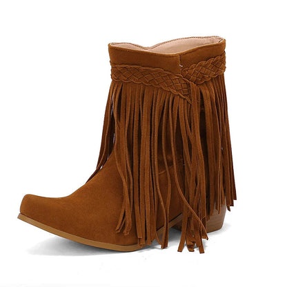 Pointed Toe Braided Fringed Trim Solid Color Chunky Heel Mid Boots