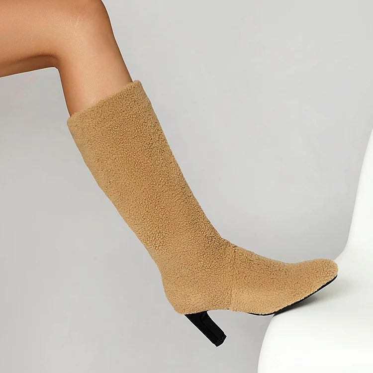 Round Toe Chunky Heel Solid Color Faux Fur Pull On Mid Calf Boots