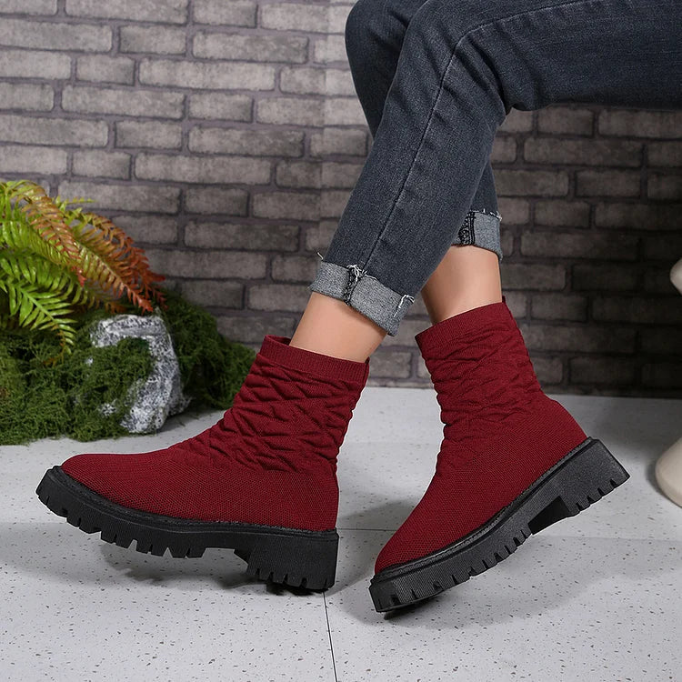 Colorblock Knitted Leopard Pattern Round Toe Chunky Heel Ankle Boots