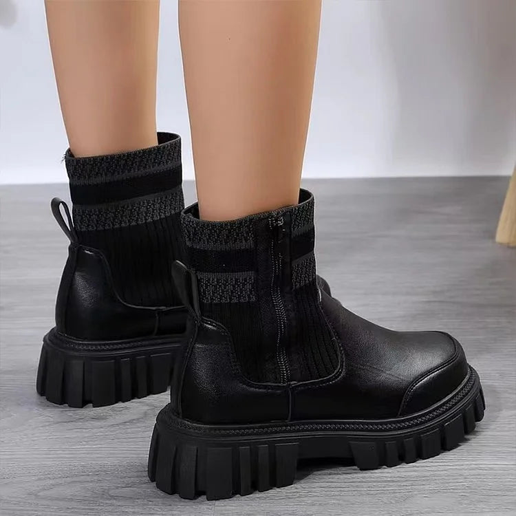 Patchwork Zipper Round Toe Casual Mid Boots