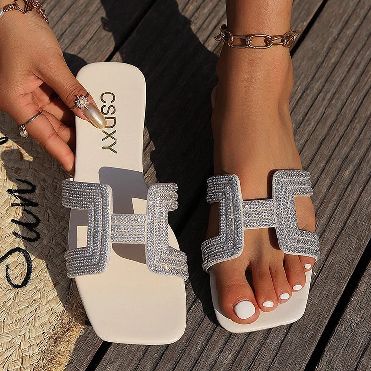 Rhinestone Embellished Square Toe Solid Color Slippers
