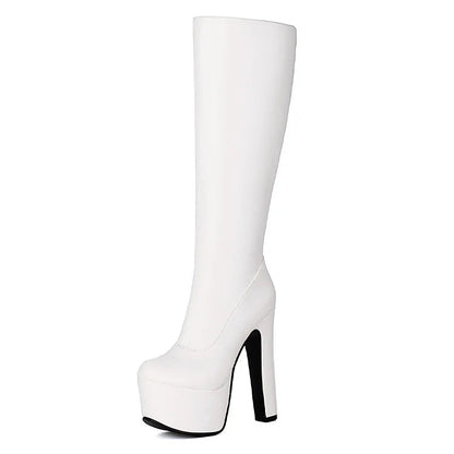 Zipper Solid Color Round Toe Chunky Heel Platform Knee High Boots