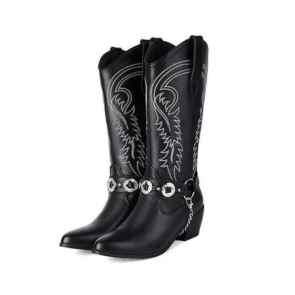 Embroidery O-Ring Chain Decor Pointed Toe Chunky Heel Mid Calf Boots