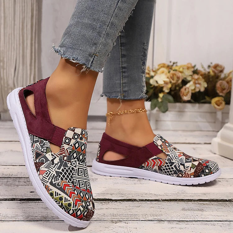 Ethnic Geo Pattern Print Cut Out Square Toe Slip On Loafers