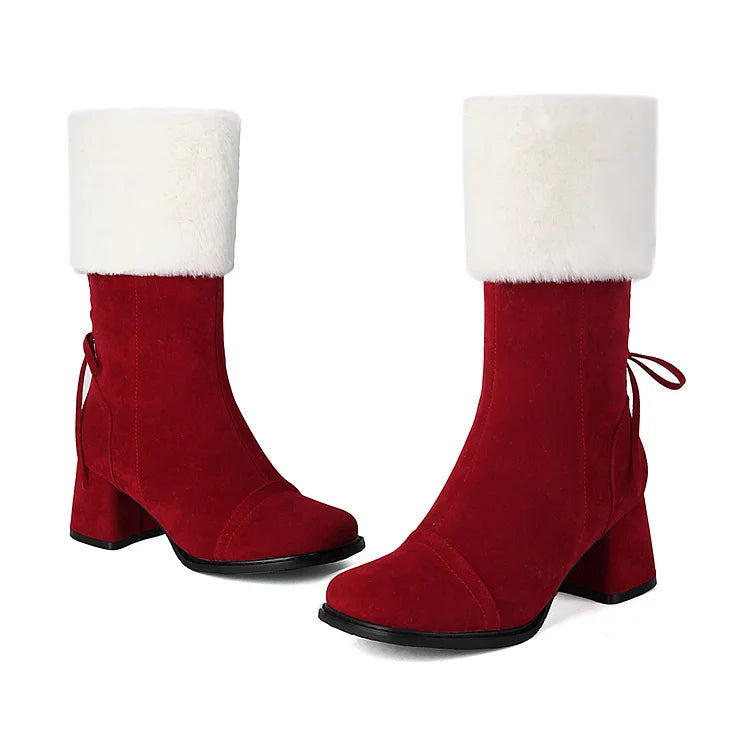 Christmas Colorblock Fluffy Trim Lace Up Square Toe Chunky Heel Mid Boots