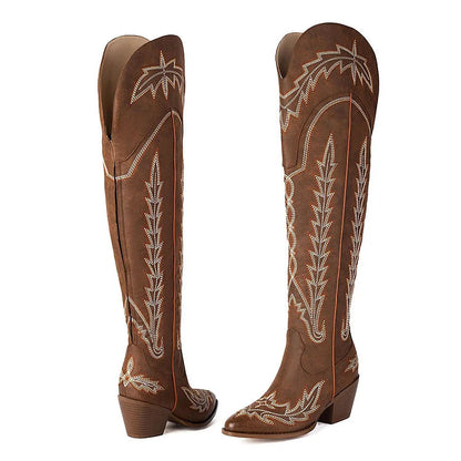 Embroidery V Cut Zipper Pointed Toe Chunky Heel Over The Knee Boots