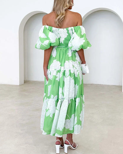 Elegant printed one-shoulder puff-sleeve dress