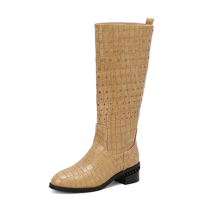 Crocodile Print Hollow Out Round Toe Chunky Heel Knee High Boots