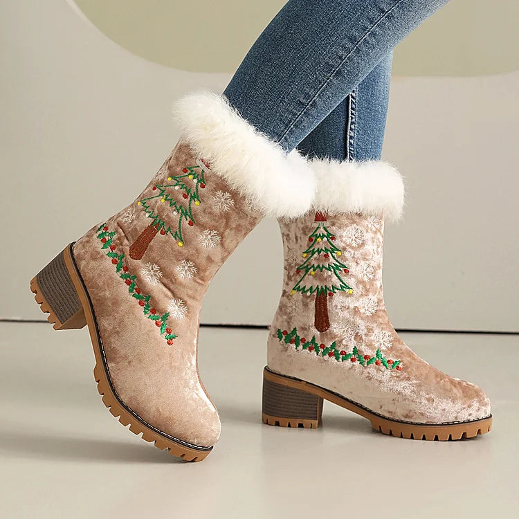 Christmas Tree Embroidery Fluffy Round Toe Chunky Heel Velvet Mid Boots