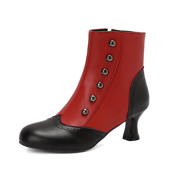 Colorblock Round Toe Metallic Studded Zipper Ankle Boots