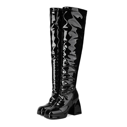 Solid Color Zipper Patchwork Square Toe Chunky Heel Over The Knee Boots