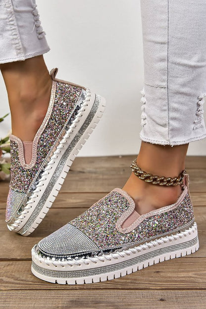 Rhinestone Decor Glittering Stitch Detail Round Toe Loafers