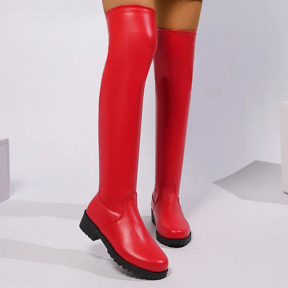 Solid Color Round Toe Patchwork Low Block Heel Over The Knee Boots