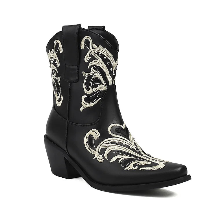 Embroidery Metallic Studded Square Toe Chunky Heel Western Boots