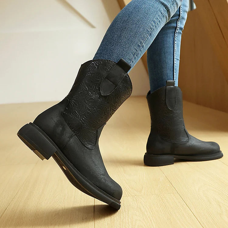 Patchwork Floral Textured Round Toe Low Block Heel Ankle Boots