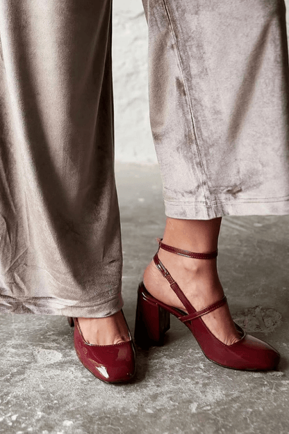 Glossy Wine Red Chunky Heel Two-Strap Mary Jane Pumps