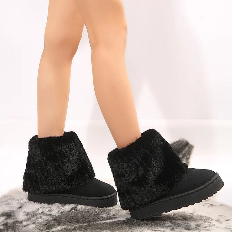 Fluffy Faux Fur Fold Round Toe Pull On Snow Boots