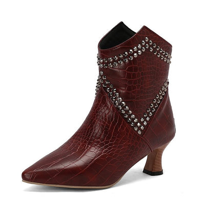 Colorblock Pattern Pointed Toe Rhinestone Decor Ankle Boots