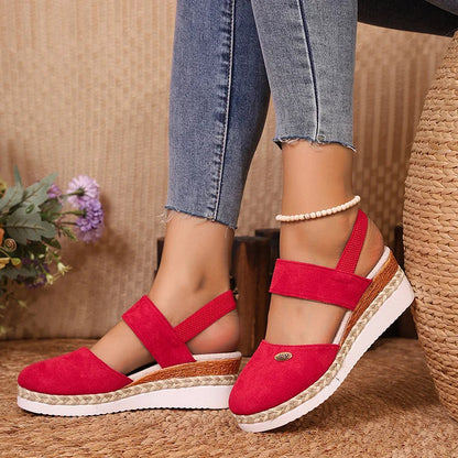 Metal Decor Slingback Strap Closed Toe Plain Espadrille Wedge Sandals