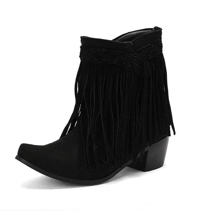 Pointed Toe Braided Fringed Trim Solid Color Chunky Heel Mid Boots