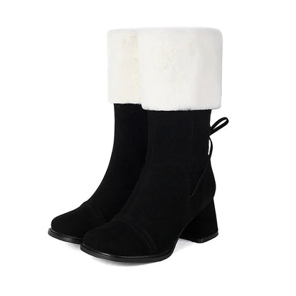 Christmas Colorblock Fluffy Trim Lace Up Square Toe Chunky Heel Mid Boots