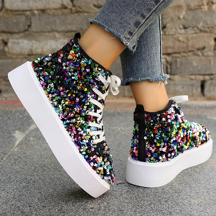 Glitter Sequins Lace Up Round Toe Fashion Casual Shoes