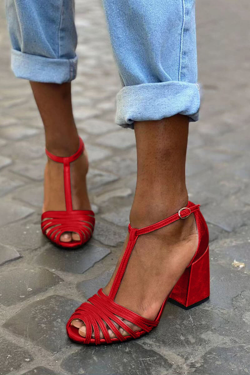 Strappy T-Strap Buckle Peep Toe Chunky Heels