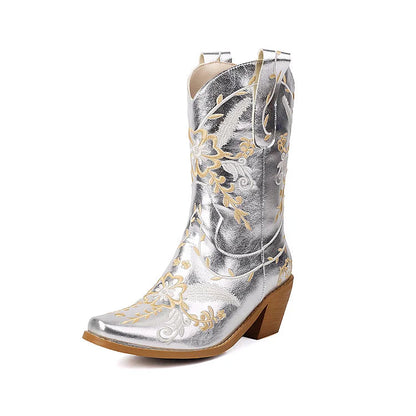 Floral Embroidery Patchwork Pointed Toe Chunky Heel Western Boots