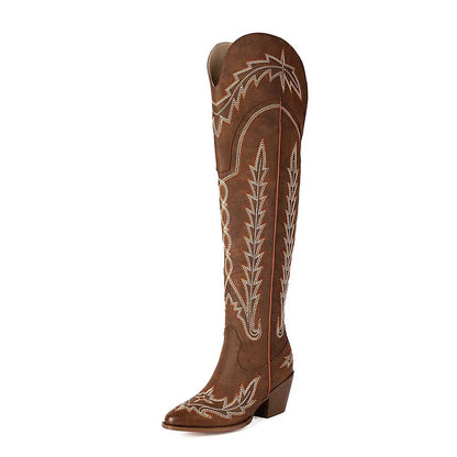 Embroidery V Cut Zipper Pointed Toe Chunky Heel Over The Knee Boots