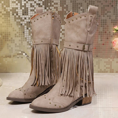 Metal Rivets Fringed Trim Pointed Toe Chunky Heel Mid Calf Boots