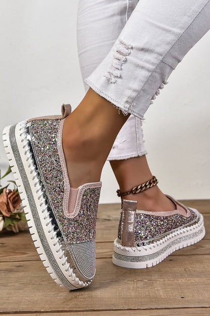 Rhinestone Decor Glittering Stitch Detail Round Toe Loafers