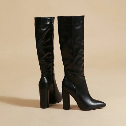 Patchwork Chunky Heel Solid Color Zipper Pointed Toe Knee High Boots